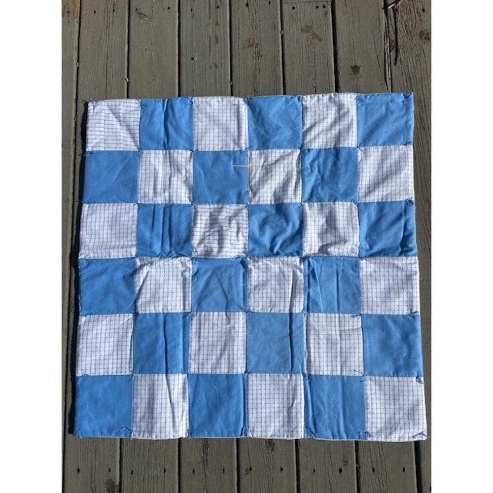 Handmade Blue White Checkerboard Patchwork Quilt Hand Tied Rustic Lap Blanket